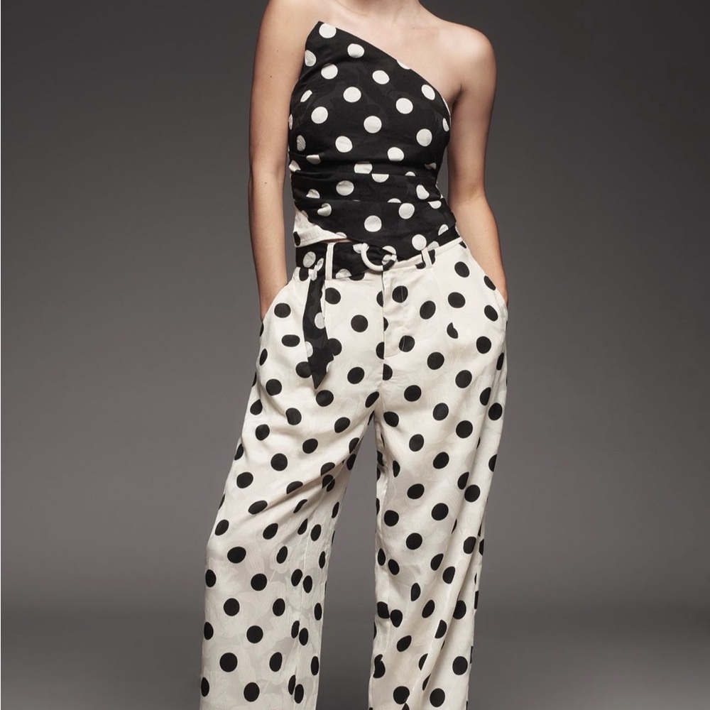 Polka Dot Wide-Leg Pants - Black on Cream - Picture 2 of 4